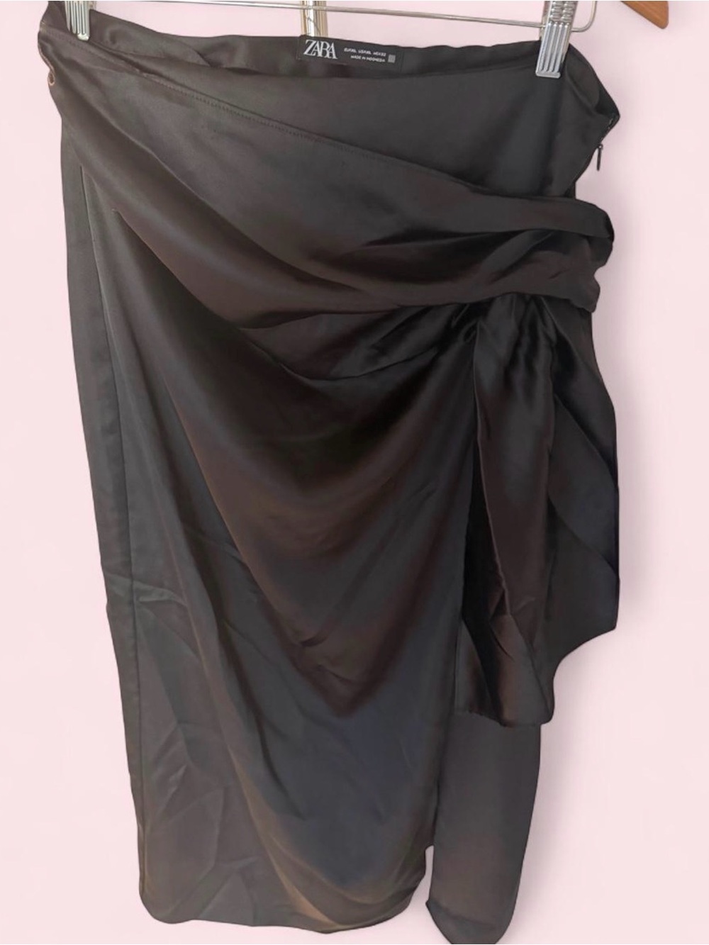 Zara Black Draped Satin Wrap Slip Skirt